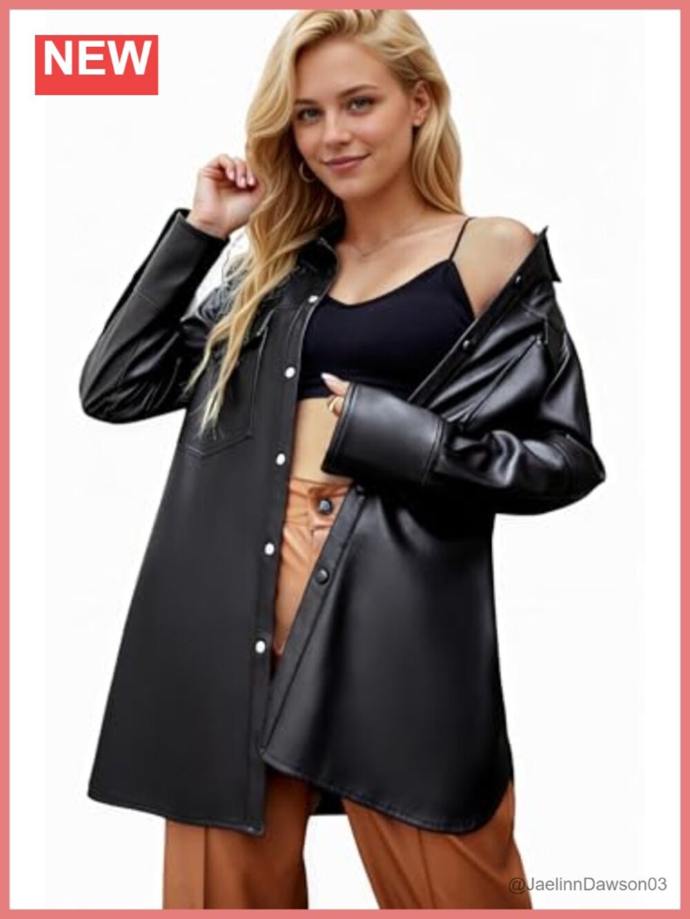 Faux Leather Shacket Button Down Lapel Shirt Jacket Relaxed Fit